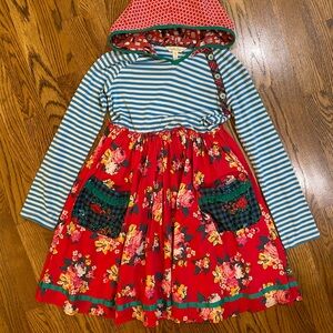 Matilda Jane Christmas Blue Striped and Red Penguin Hooded Long Sleeve Dress